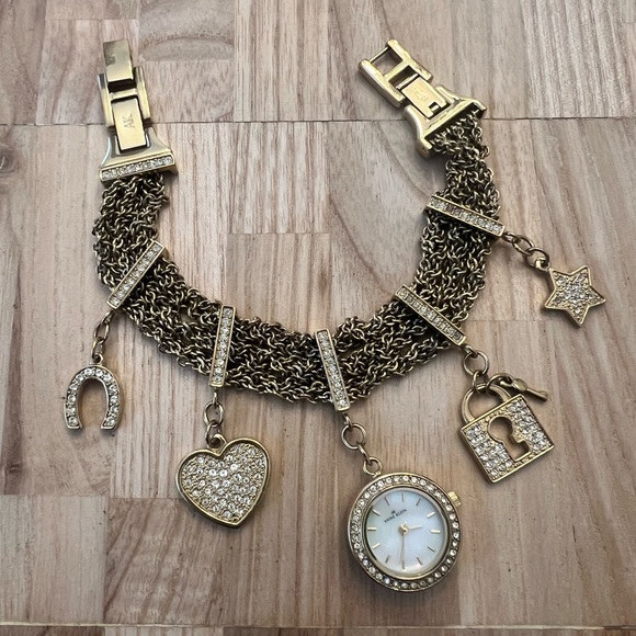 Anne Klein Accessories - Anne Klein Gold Tone & Rhinestones Charm Bracelet bling watch NEW BATTERY